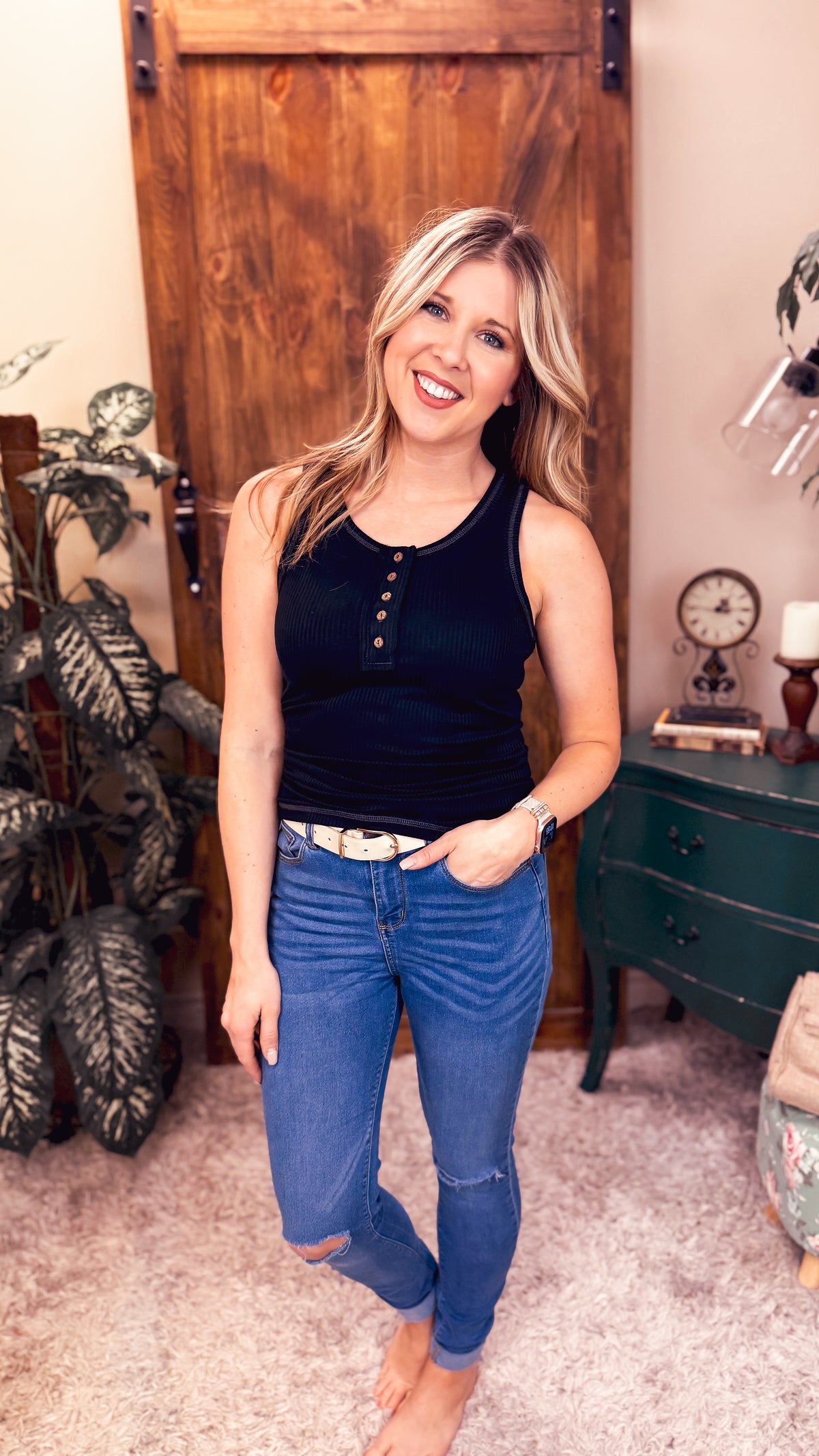 Anabel Ribbed Henley Tank | Black