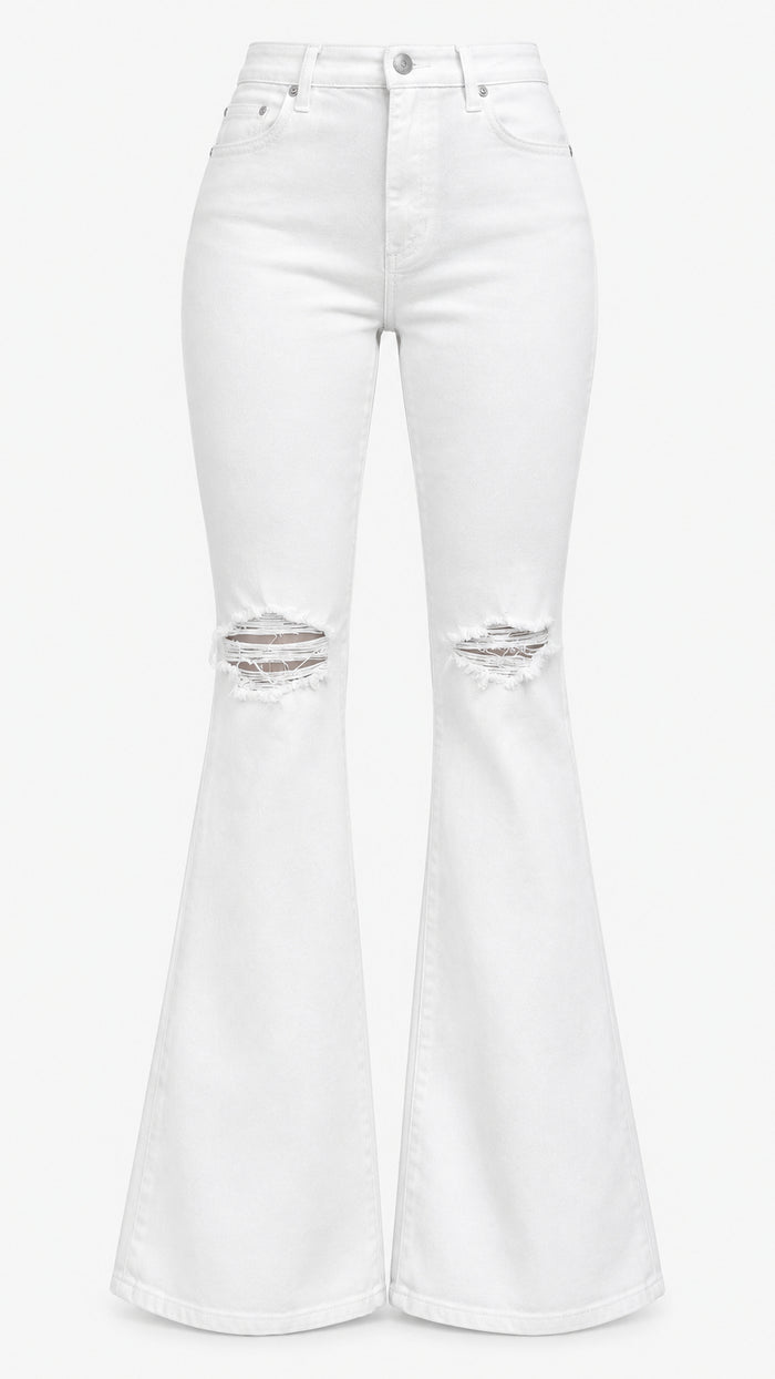 White high-waisted flared jeans with distressed rips at the knees