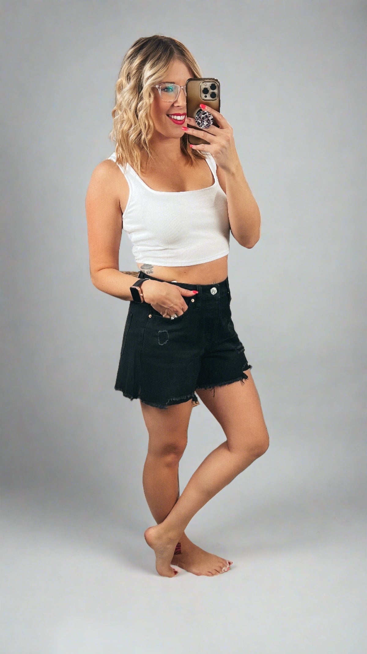 distressed black denim shorts