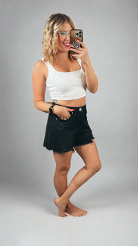distressed black denim shorts