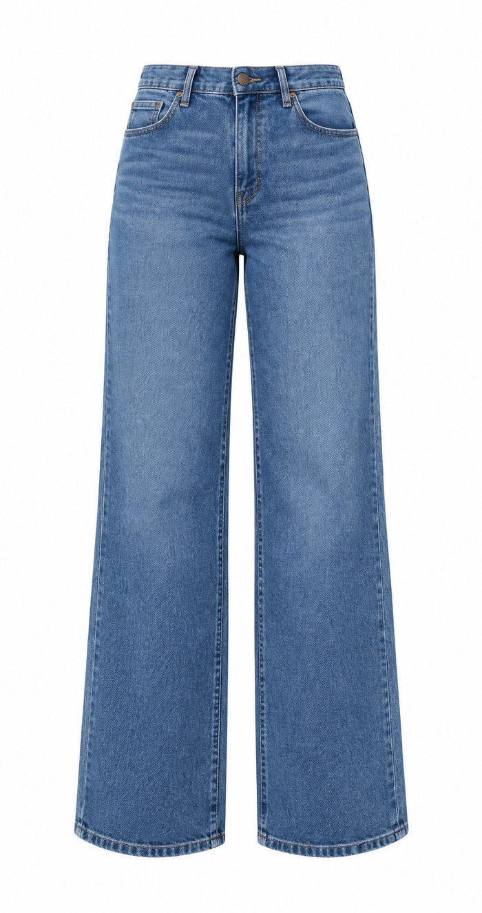 Medium wash blue denim jeans shown 