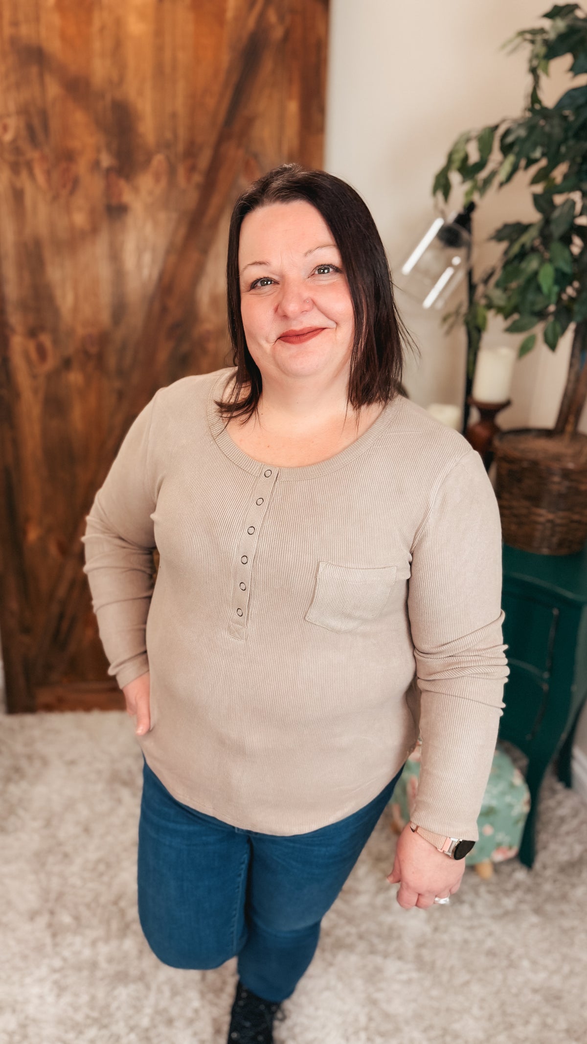 Colleen Ribbed Henley Long Sleeve | Taupe