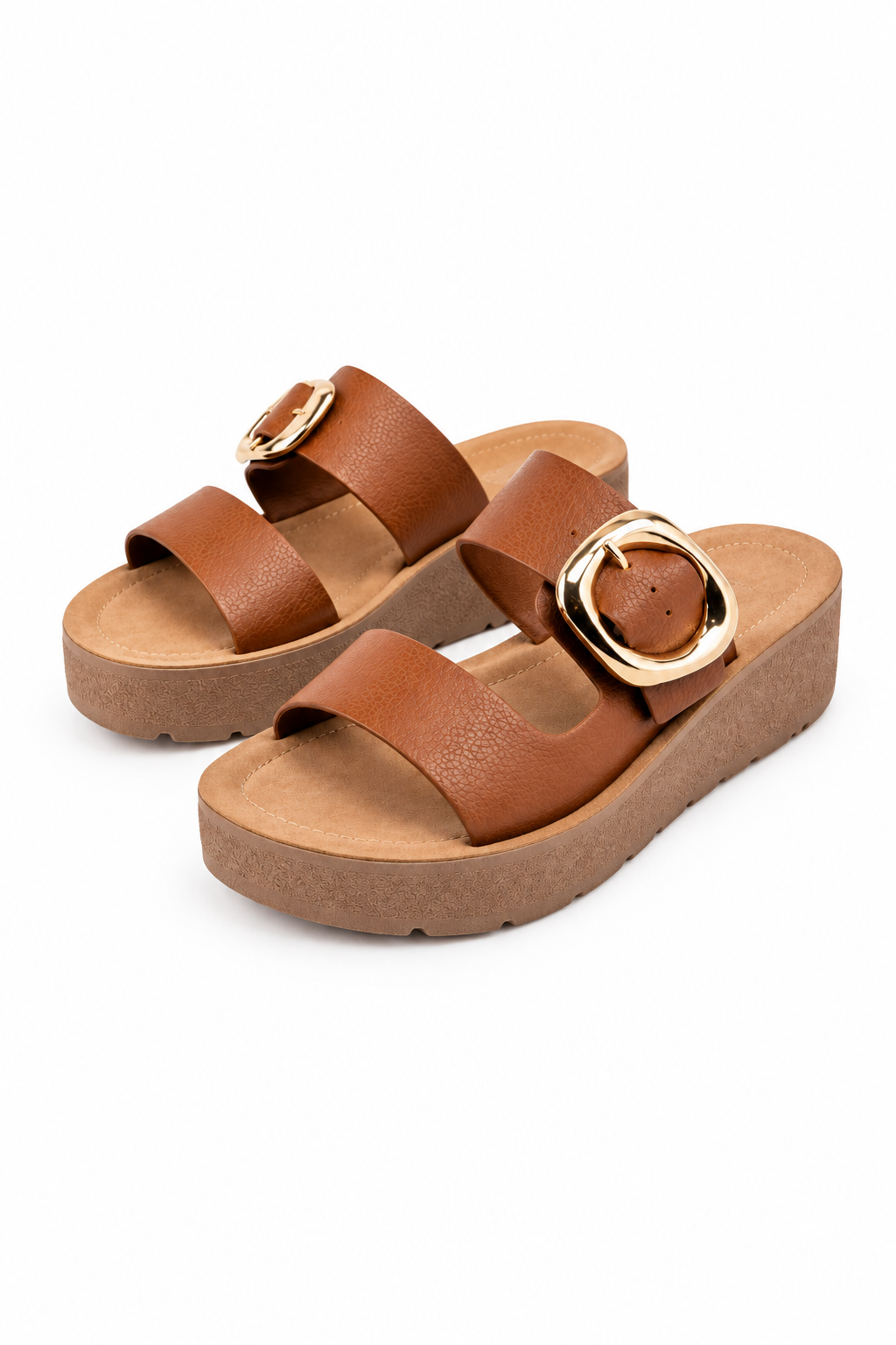 A pair of women's platform slide sandals in brown faux leather with gold-tone buckle details