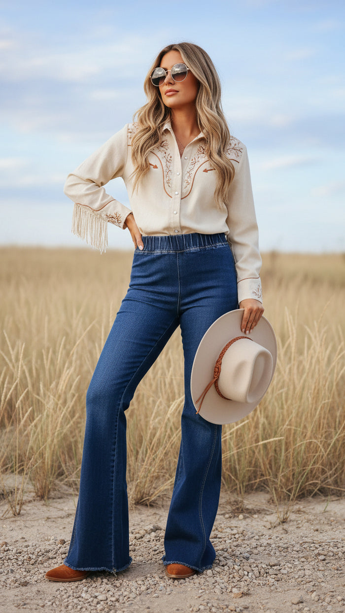 Jax Elastic Waist Bell Bottom Denim: Dark Wash