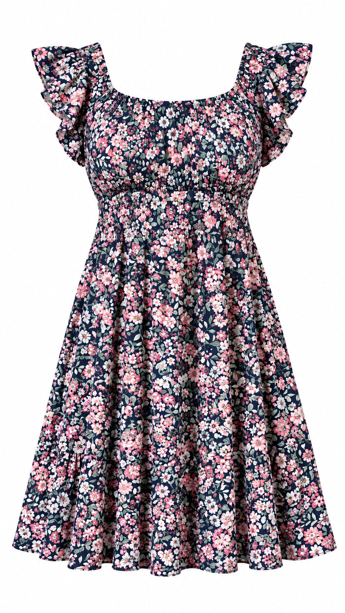 A short-sleeve floral print dress. The dress has a multicolor floral pattern with pink, green, and blue tones 