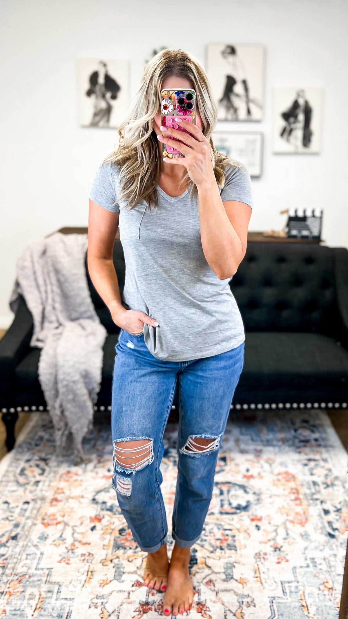 Laura Basic V-Neck Top: Grey