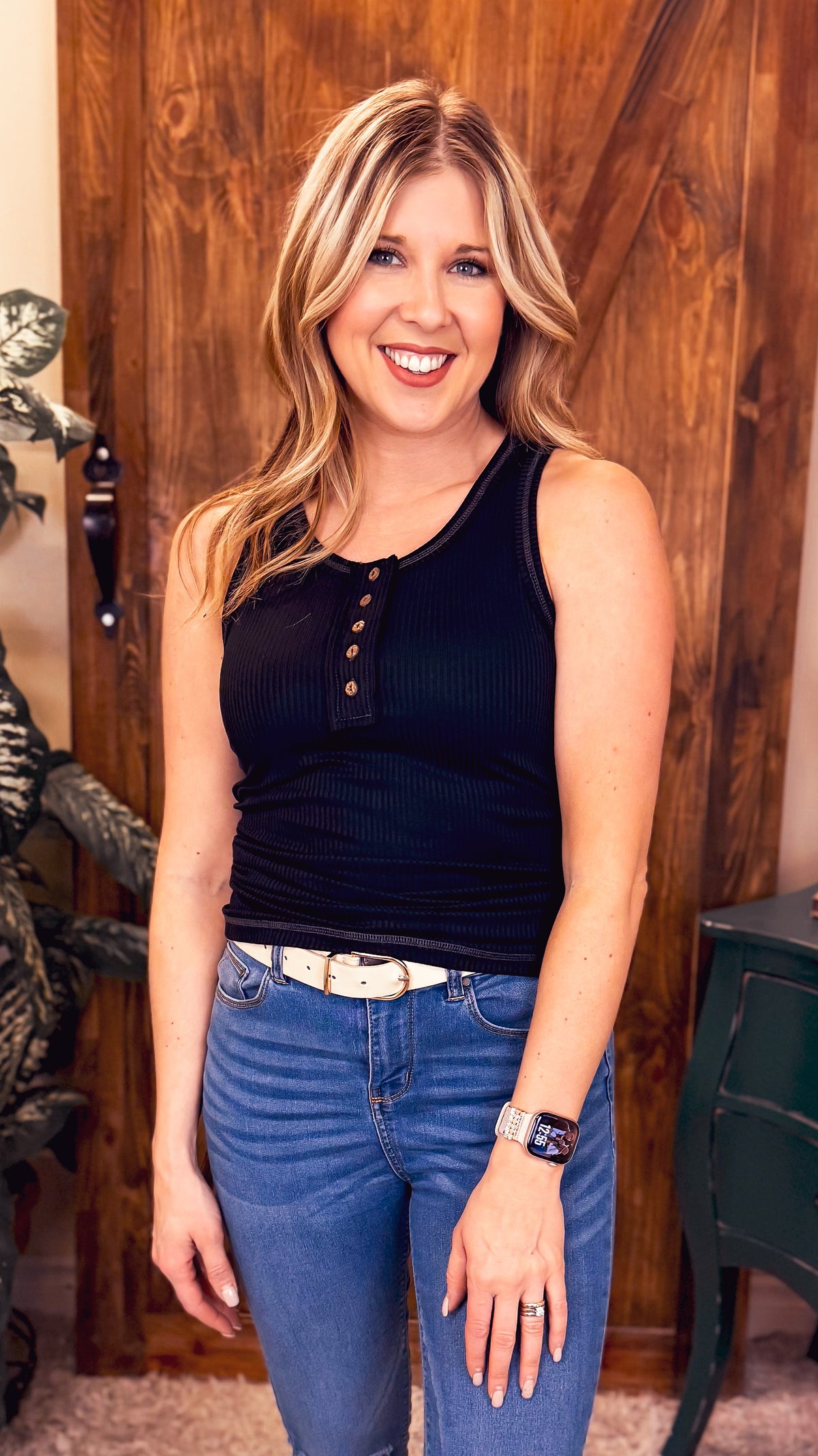 Anabel Ribbed Henley Tank | Black