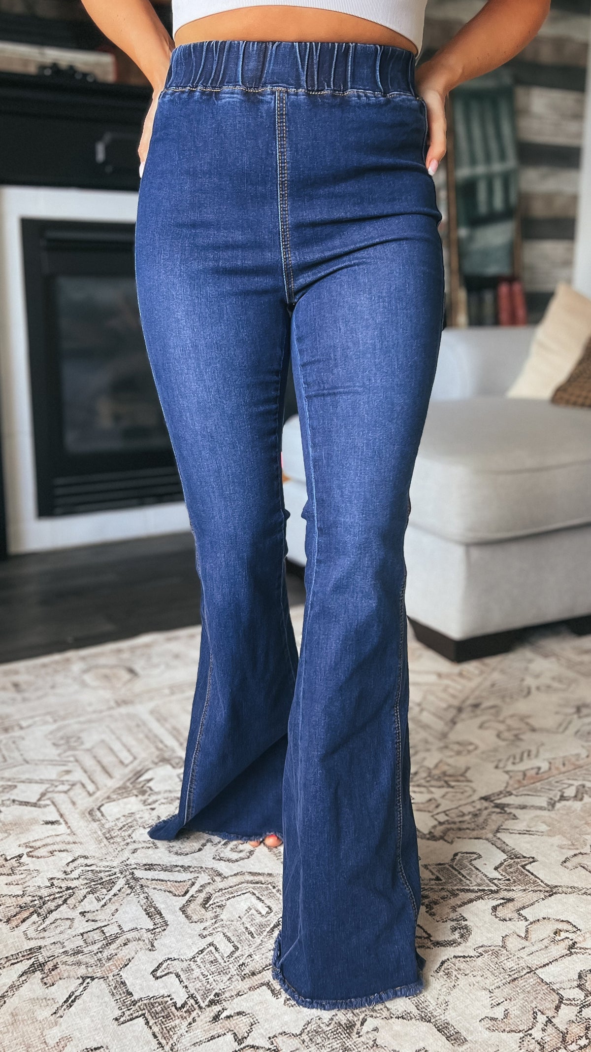 Jax Elastic Waist Bell Bottom Denim: Dark Wash