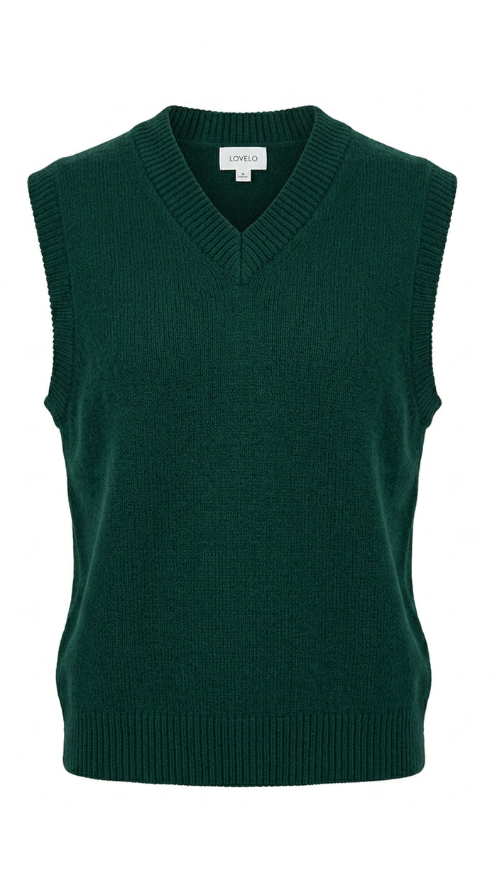 A dark green sleeveless knit sweater vest 