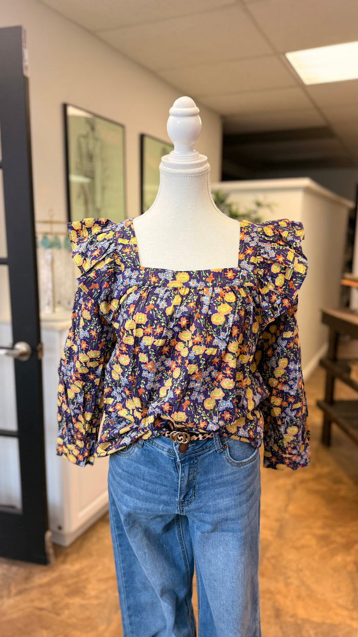 # 14 - Purple & Yellow Floral Long Sleeve | S | SAMPLE SALE