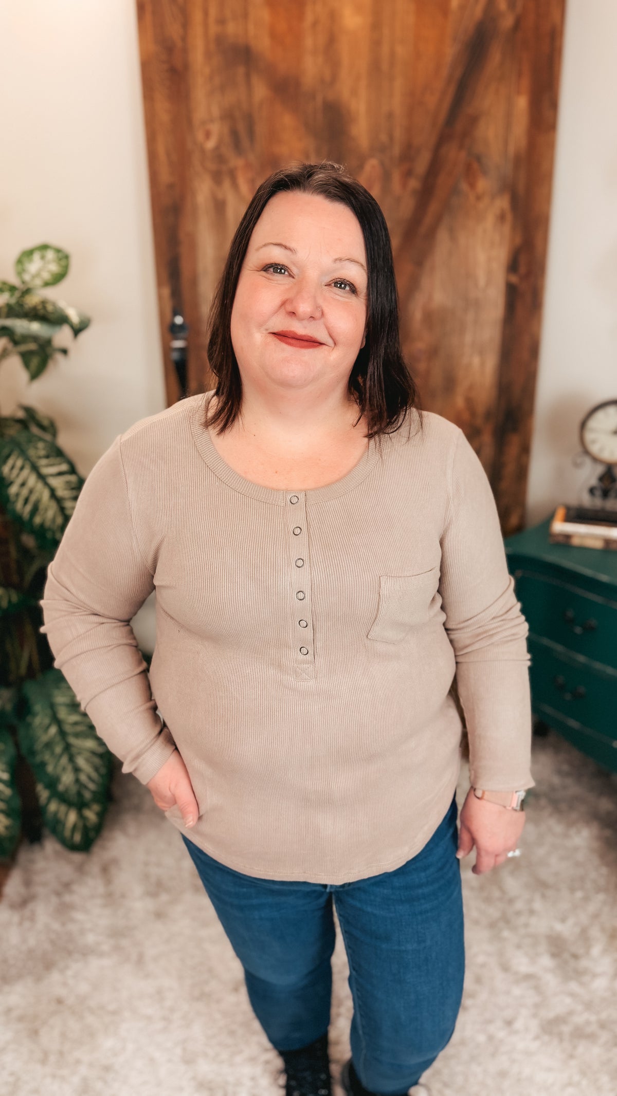 Colleen Ribbed Henley Long Sleeve | Taupe