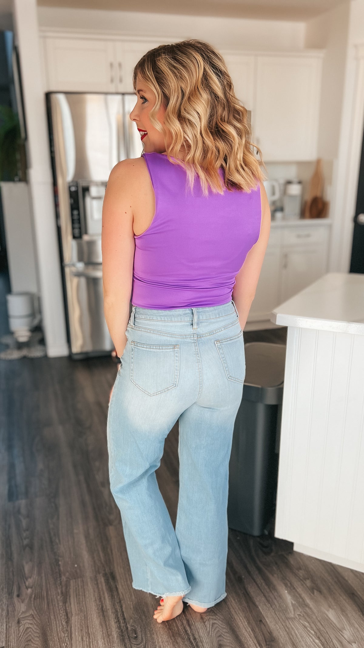 Purple double lined tank top with asymmetrical neckline