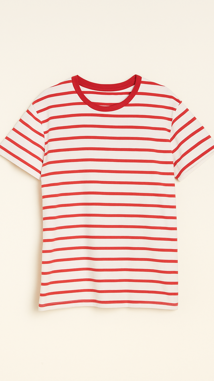 Red and white striped t-shirt on a beige background