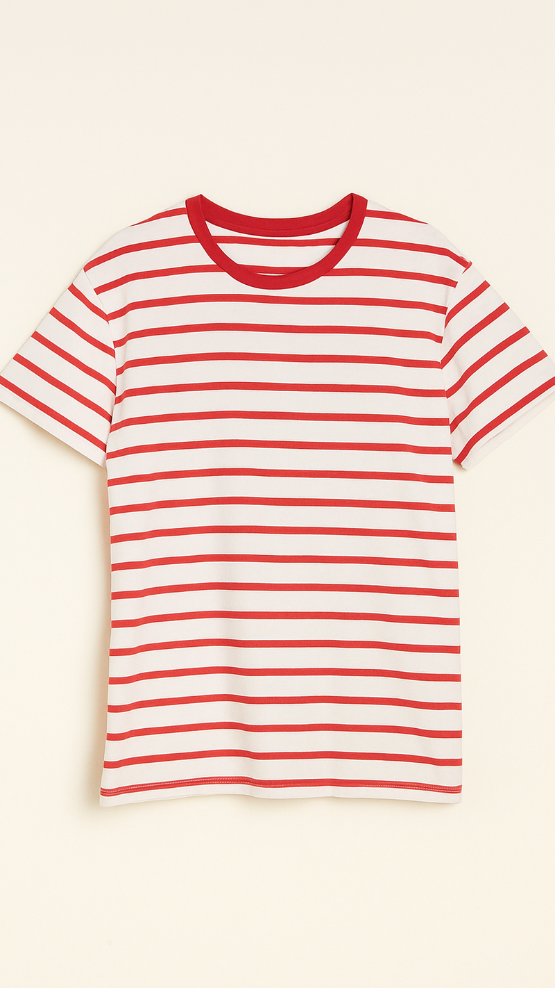 Red and white striped t-shirt on a beige background