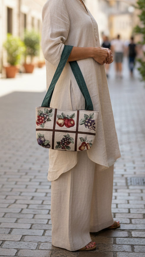 A fabric tote bag with a white background and a grid pattern of red apples and dark berries