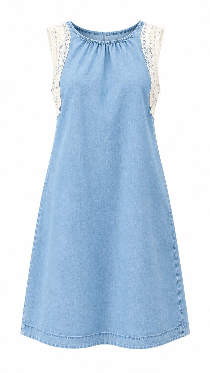 Light blue denim dress with lace shoulders