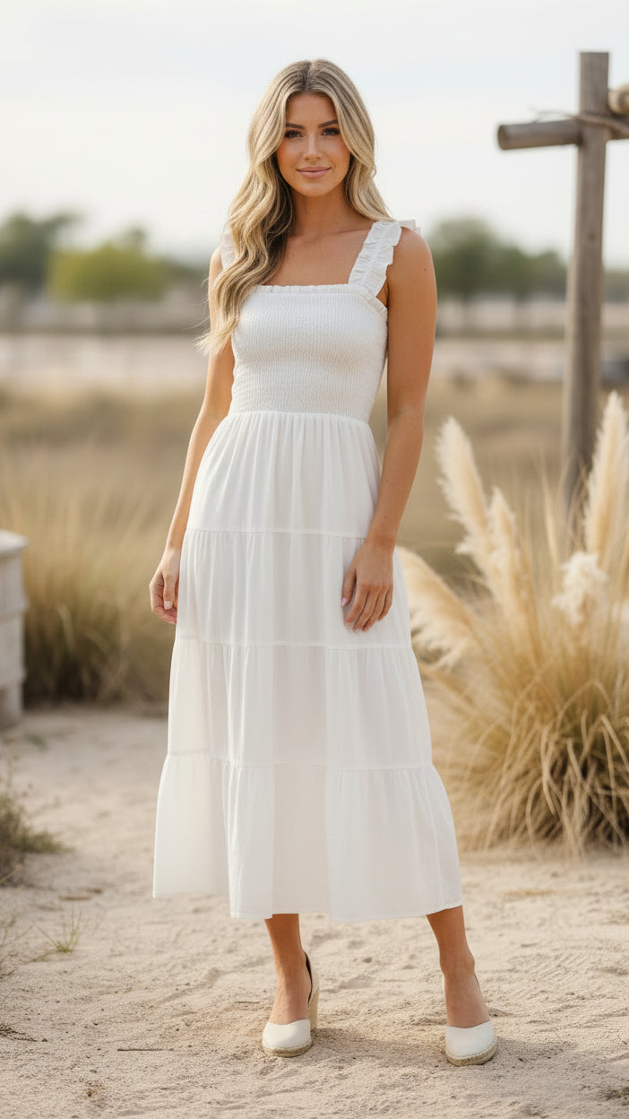 # 16 - White Rouched Linen Dress | S | SAMPLE SALE
