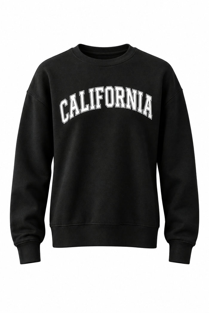 A black crewneck sweatshirt with 'CALIFORNIA' printed in white arched block letters across the chest