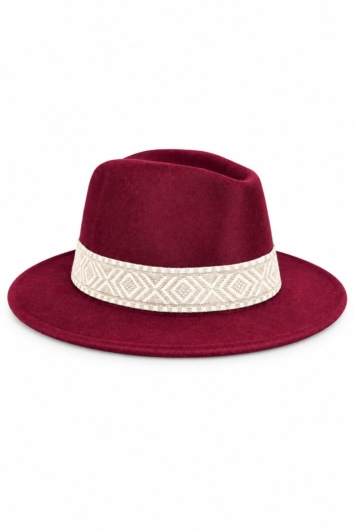 Red fedora hat with a white band 