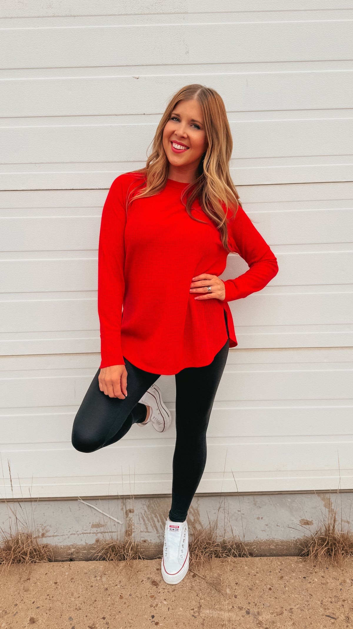 Leslie Waffle Long Sleeve | Red
