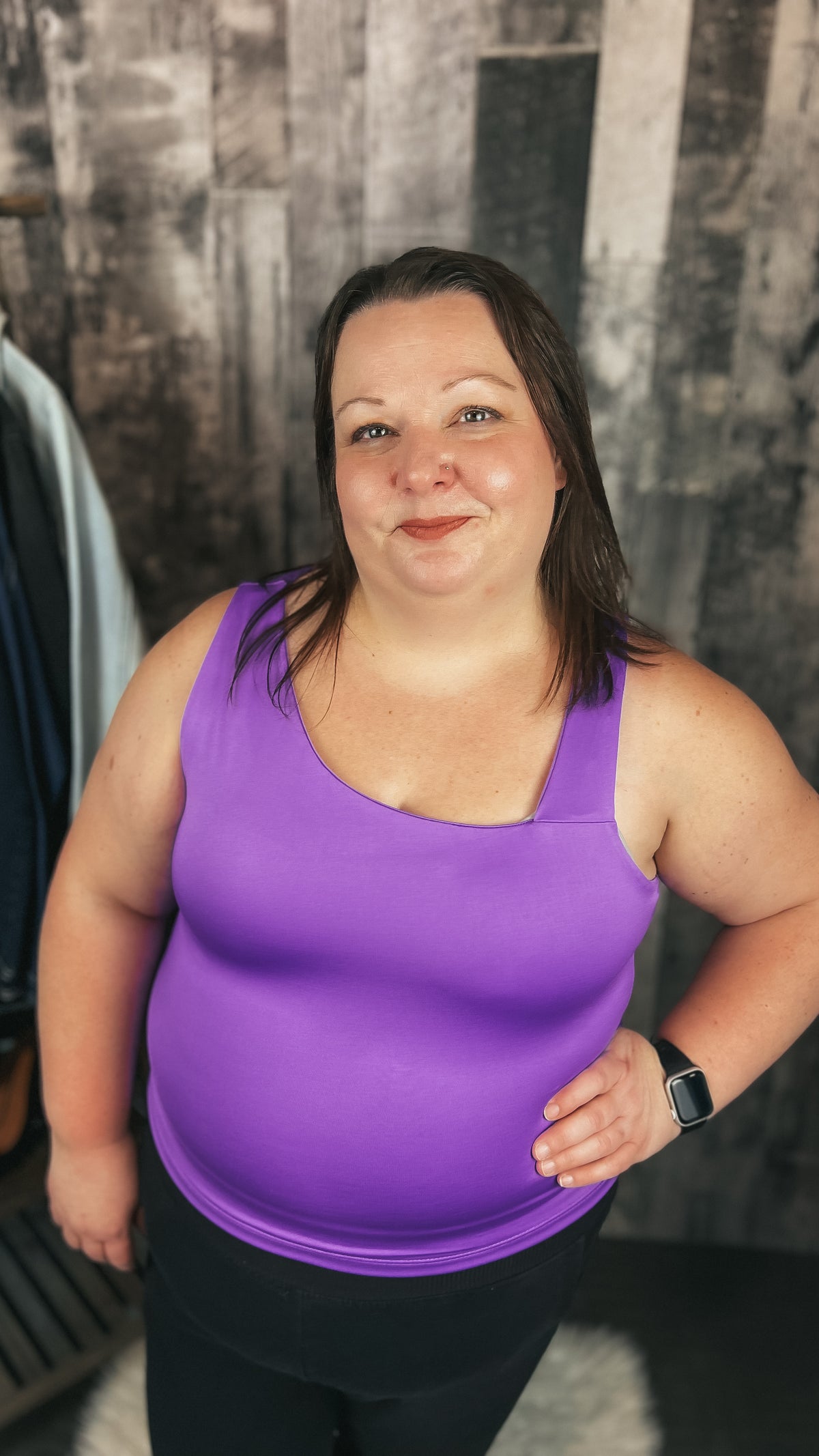 Purple double lined tank top with asymmetrical neckline