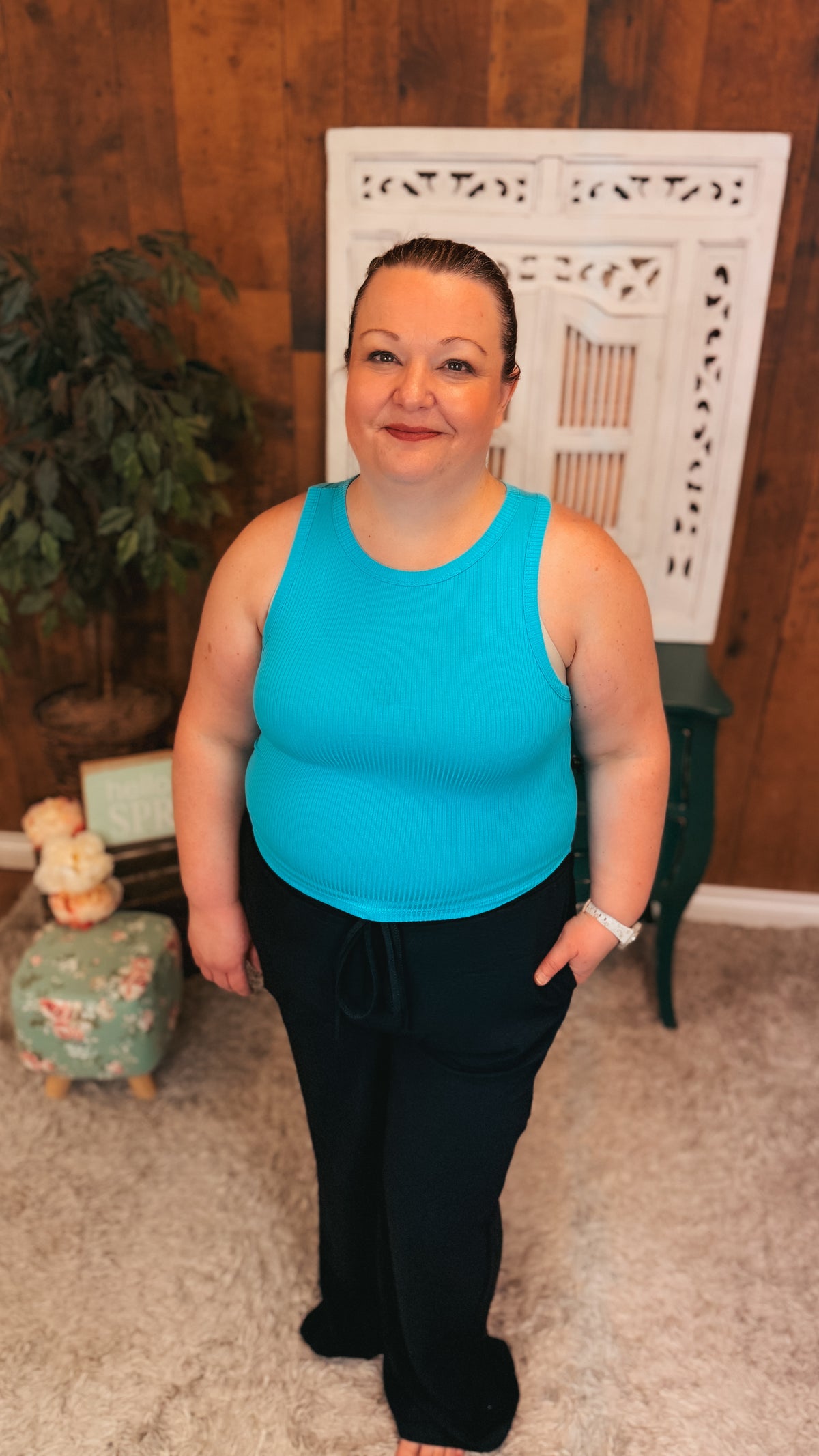 Victoria Ribbed Tank Top | Aqua Blue