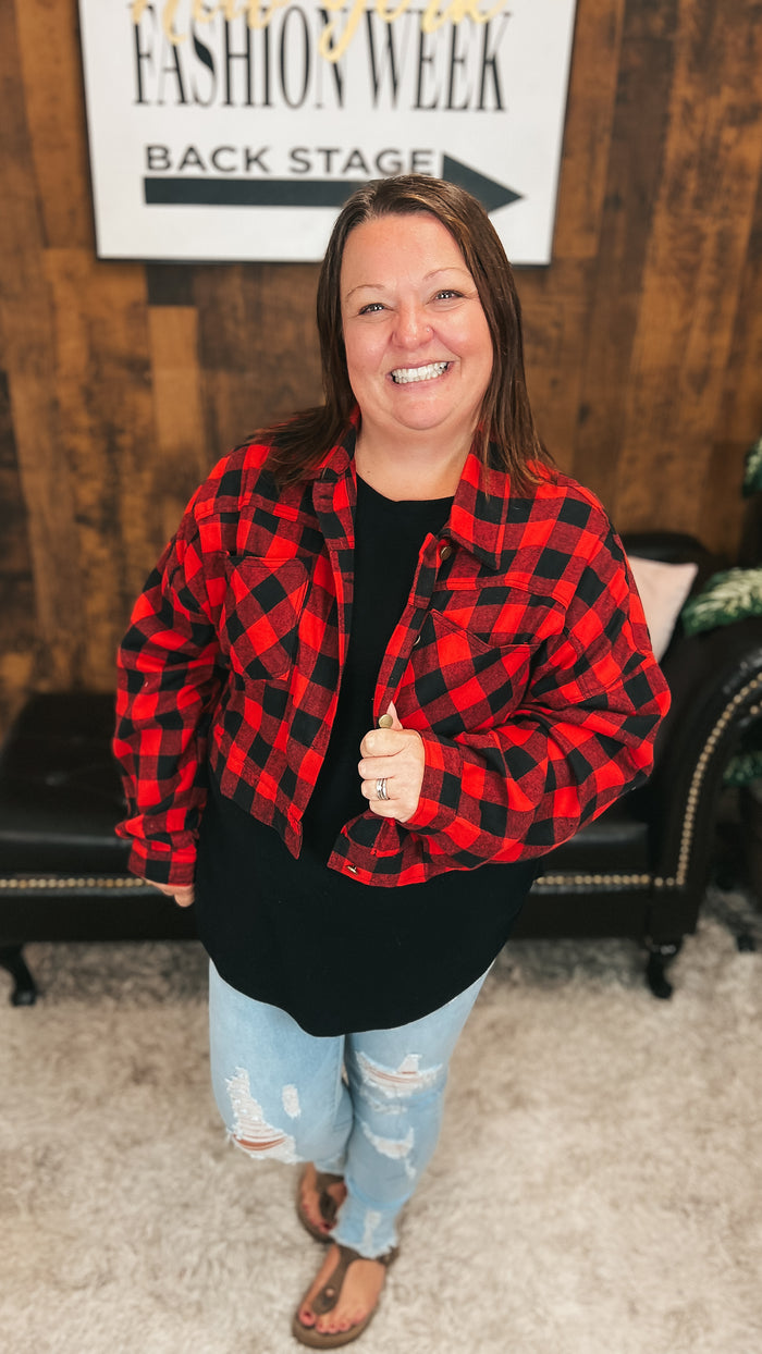 Nikita Crop Plaid Shacket | Red & Black