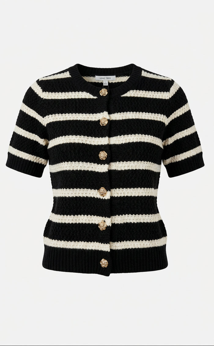 A short-sleeve knit cardigan sweater with horizontal black and off-white stripes, with detailed buttons