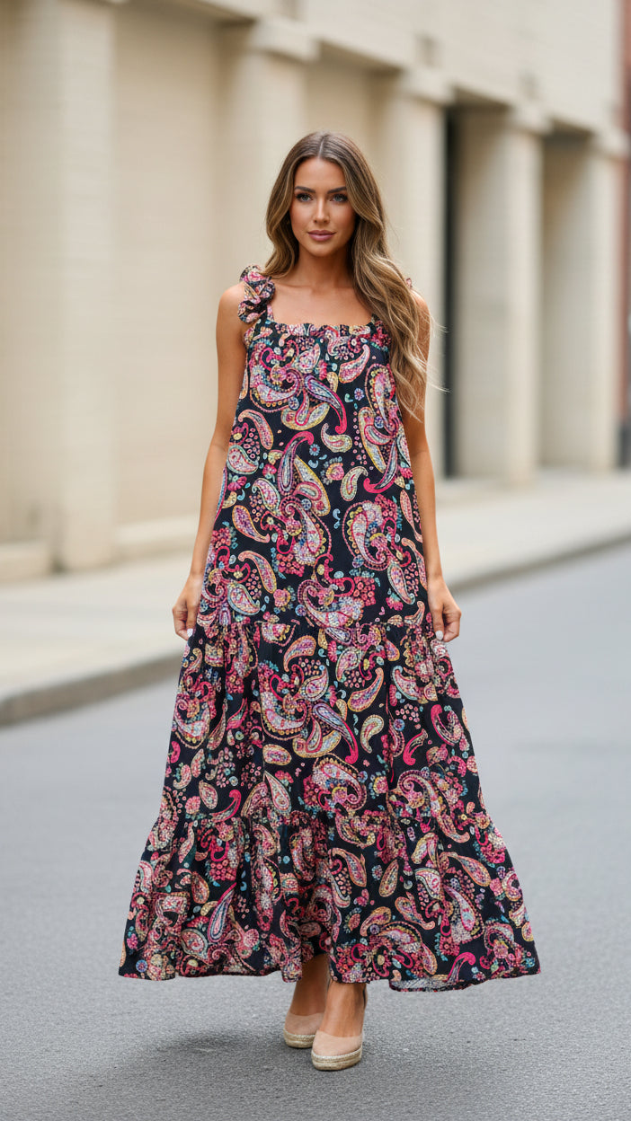 # 12 - Pink & Blue Paisley Maxi Dress | S | SAMPLE SALE