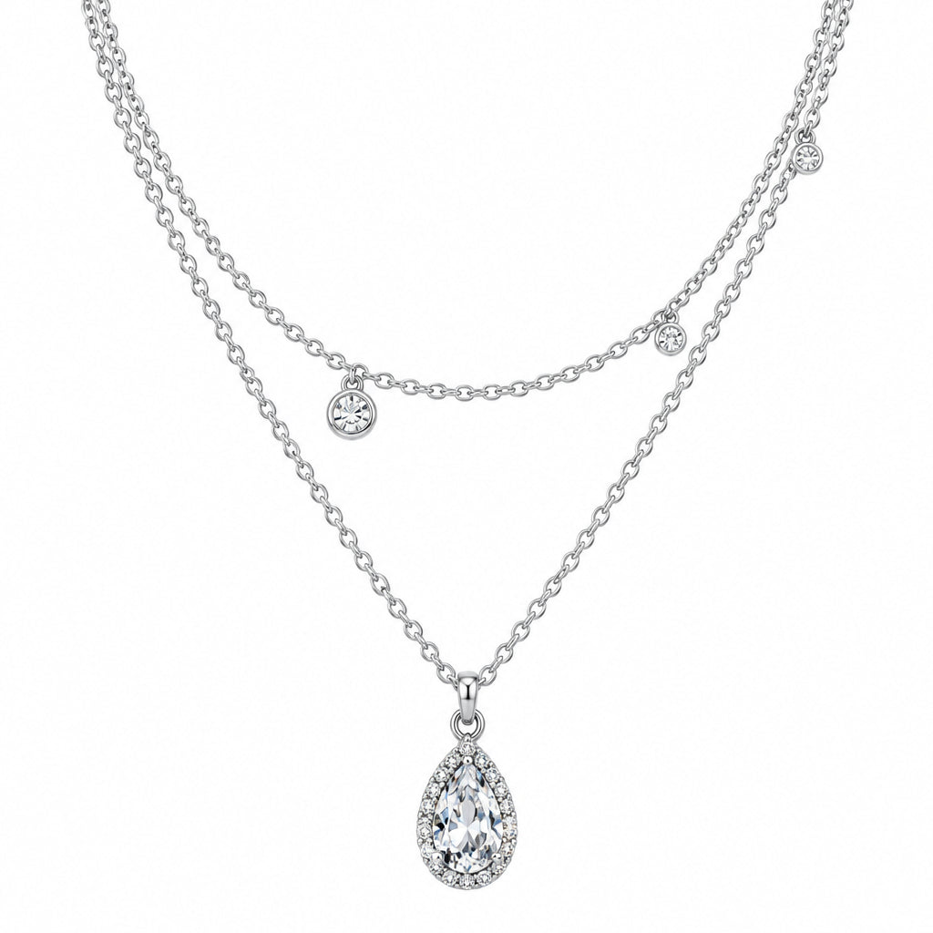 Teardrop Rhinestone Layered Necklace: Silver