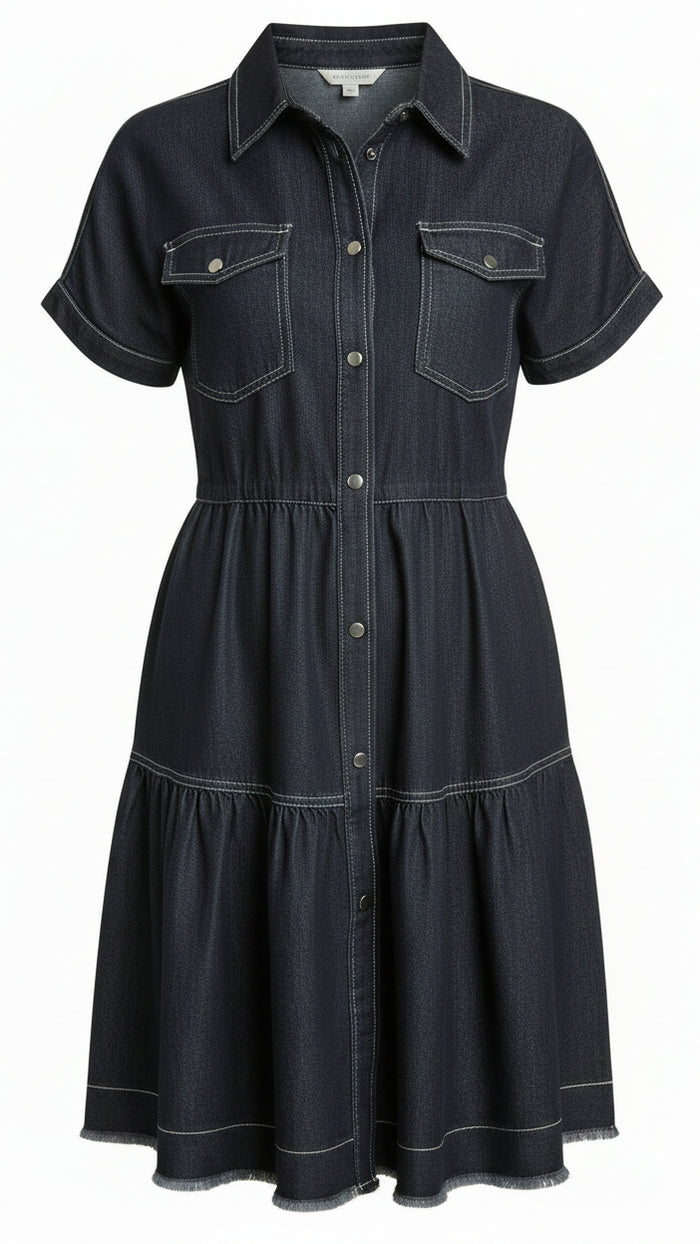 Dark blue short sleeve denim dress, collared and button up front 