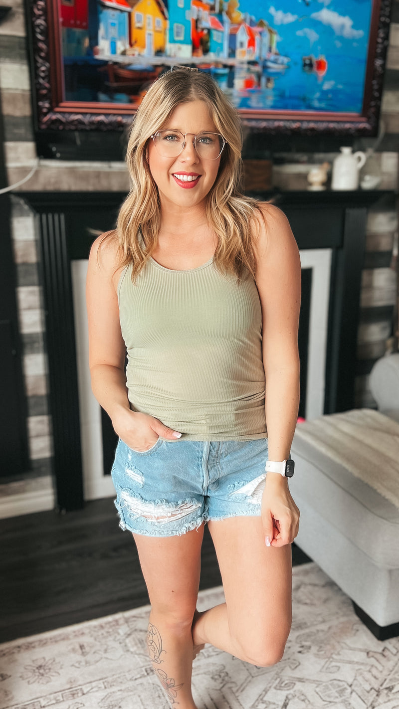Rynlee Ribbed Tank Top: Sage