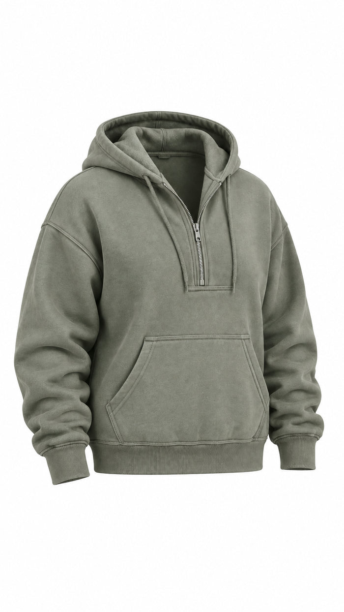 An olive green half-zip hoodie with a kangaroo pocket