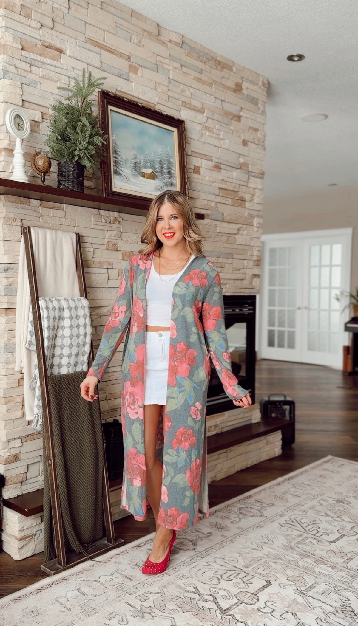 Kendal Floral Duster Cardigan | Hunter Green & Blush