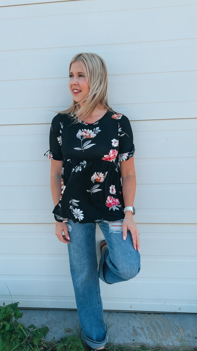 Winnie Babydoll Top: Black Floral