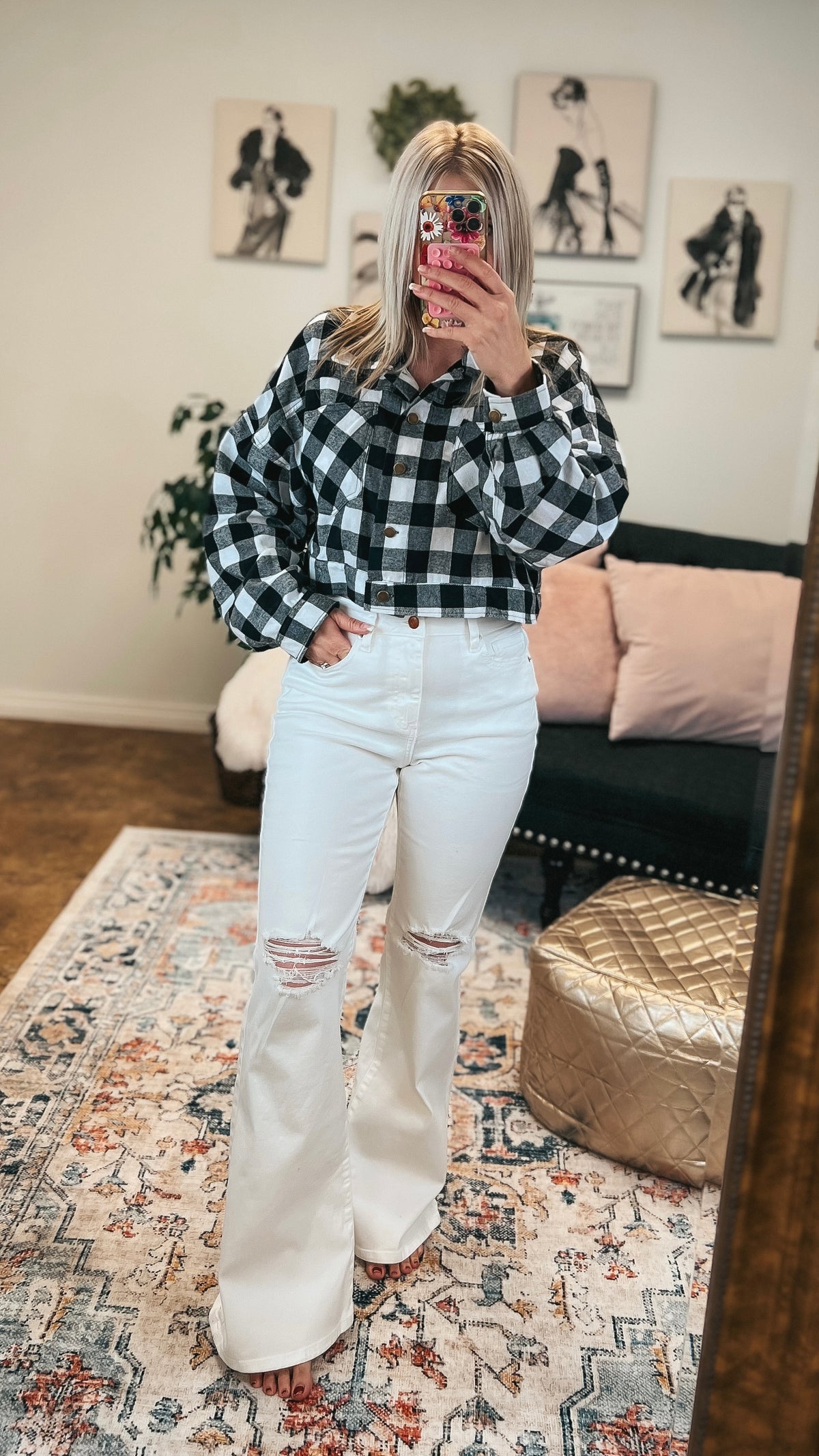 Nikita Crop Plaid Shacket | Black & White