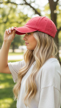 Jessie Faded Denim Baseball Hat: Red