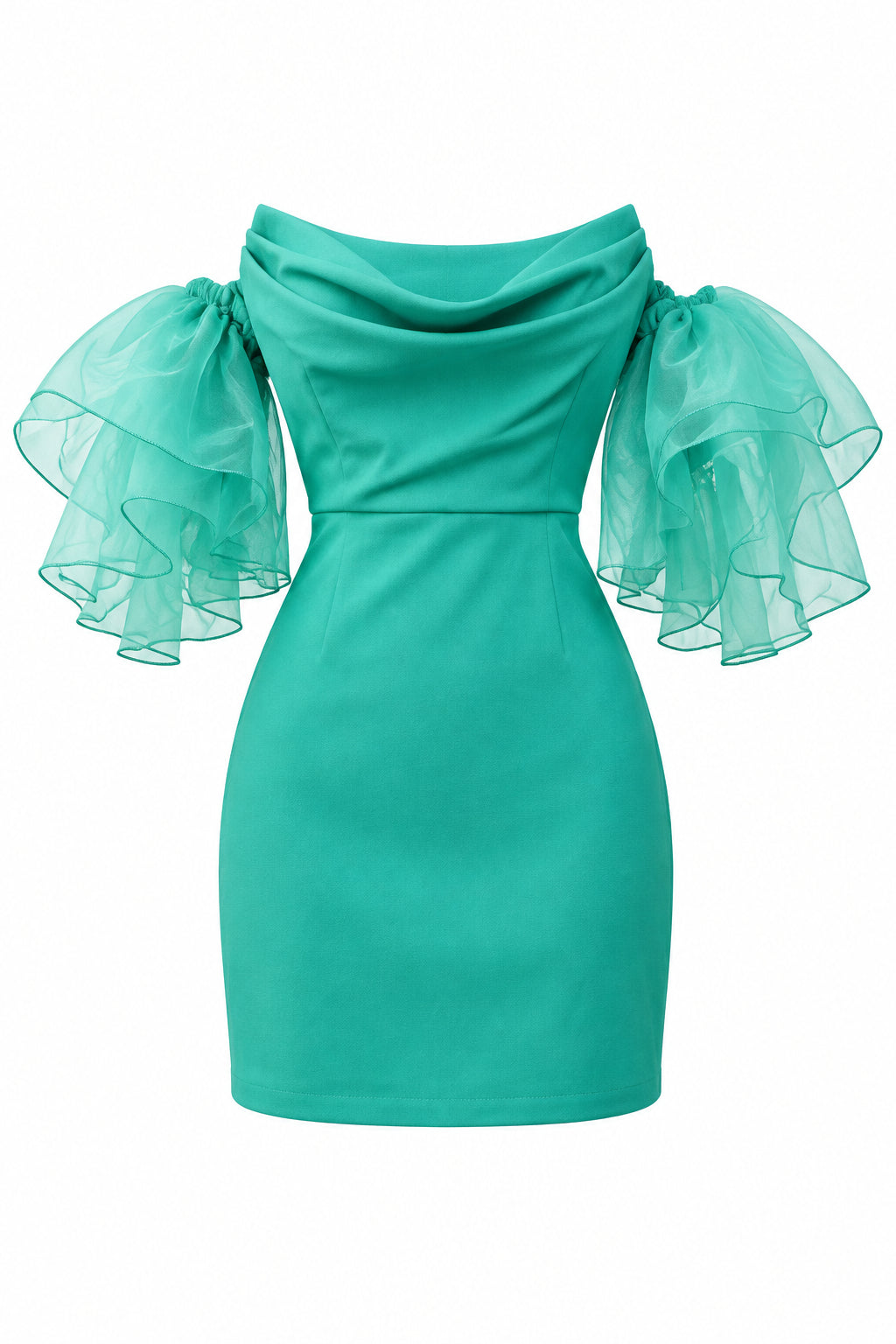 Strapless, vintage dress in a mint colour. Ruffles around each arm
