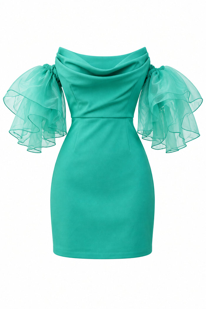 Strapless, vintage dress in a mint colour. Ruffles around each arm