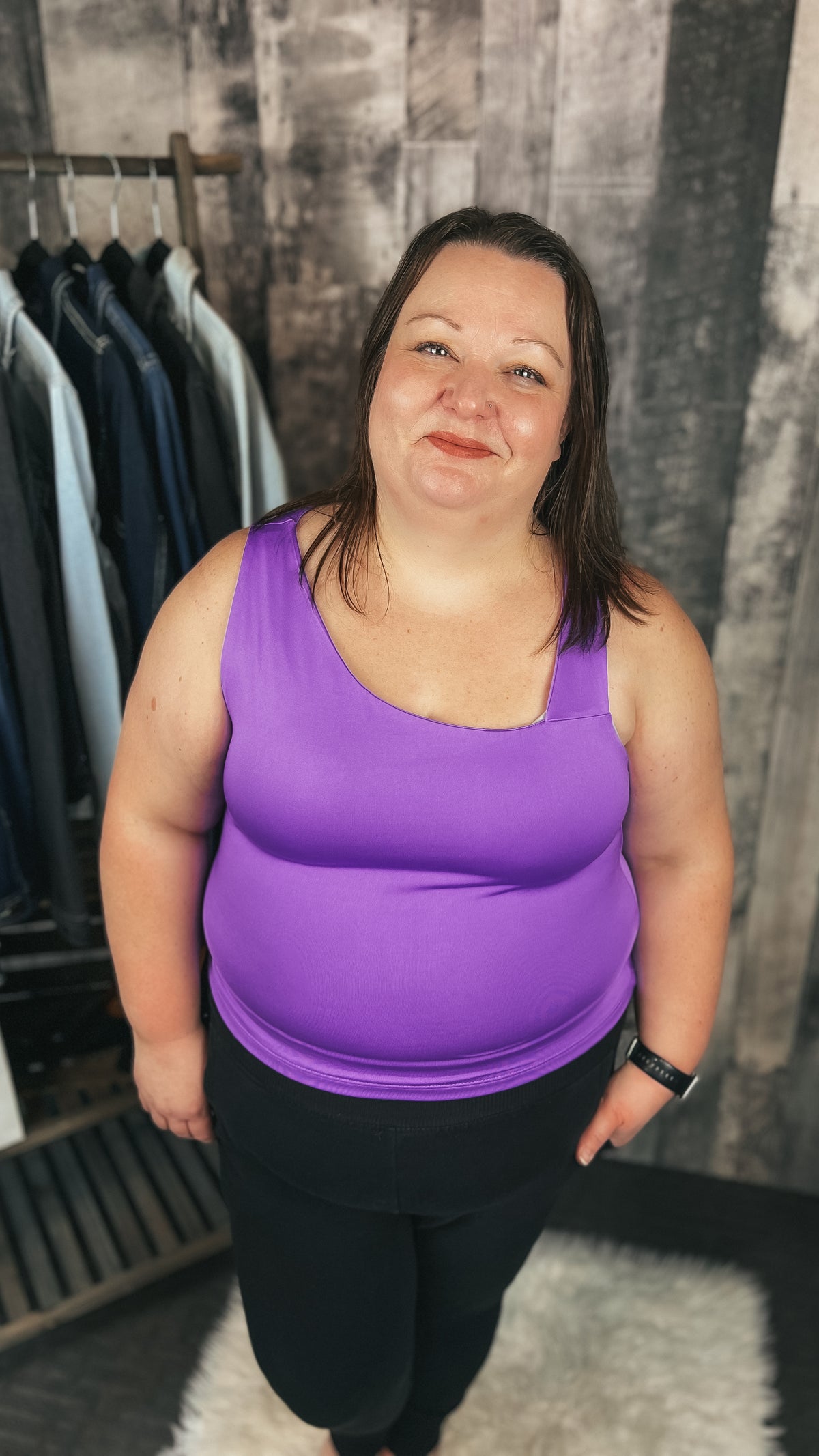Purple double lined tank top with asymmetrical neckline