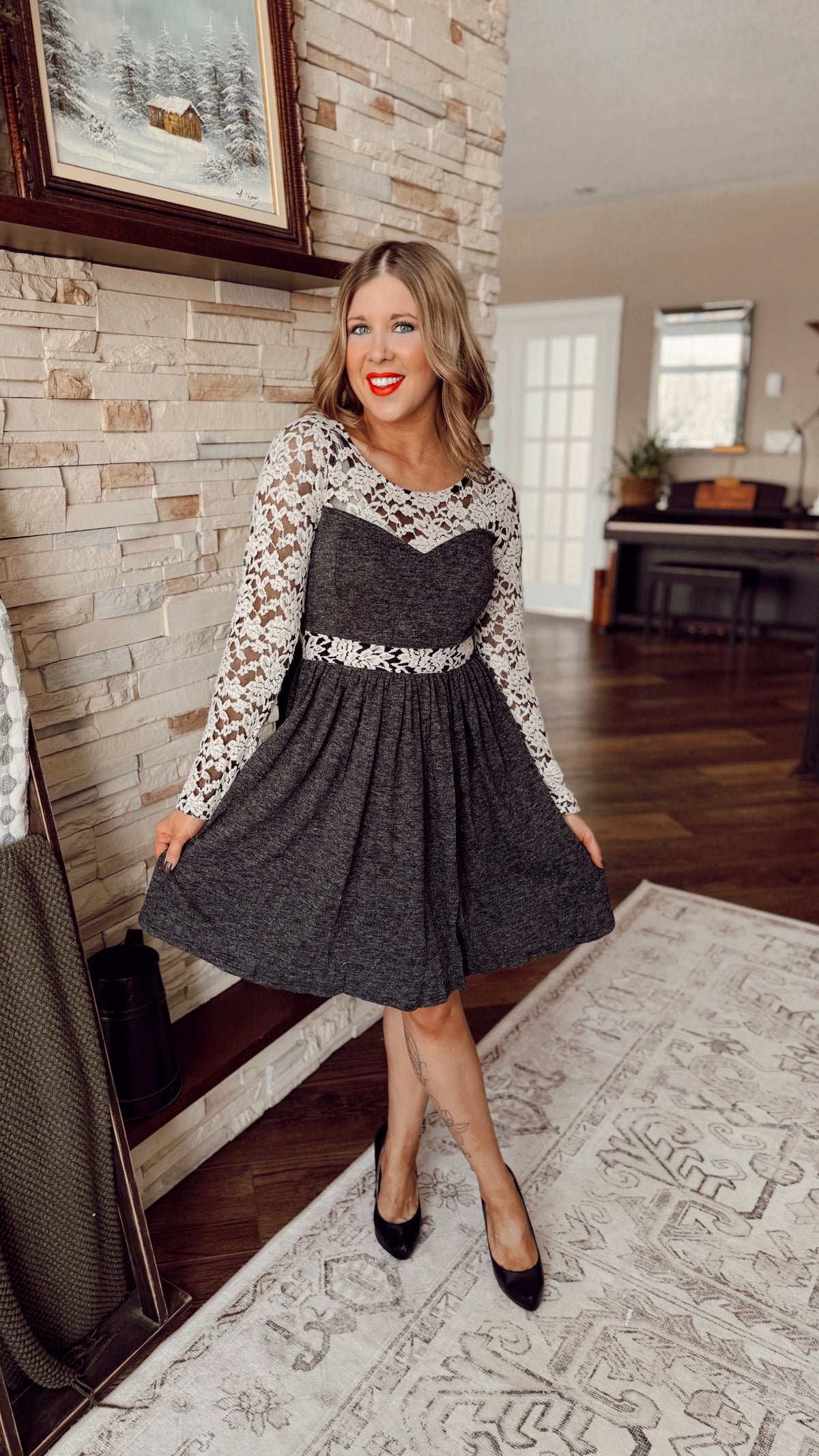 Lacey Lace Dress | Charcoal