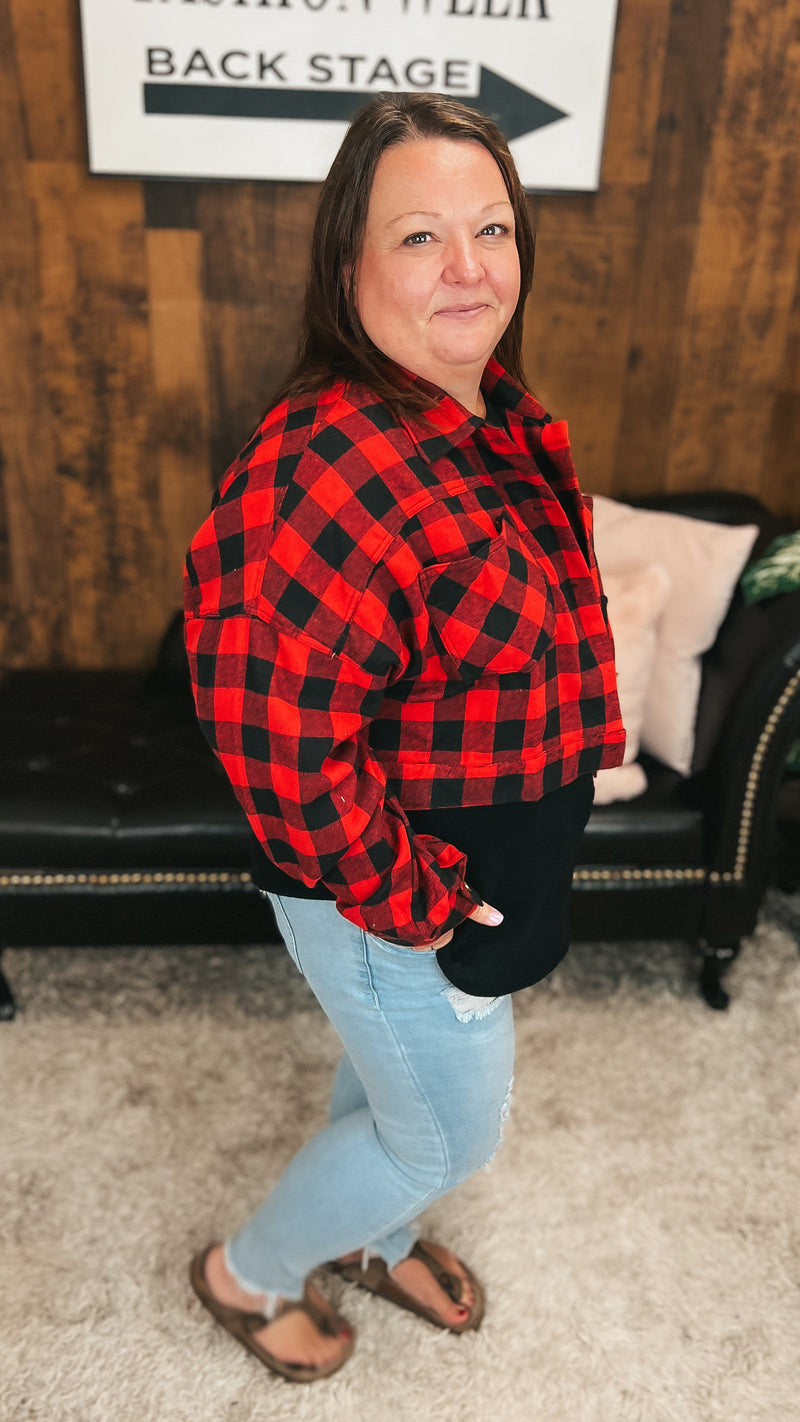 Nikita Crop Plaid Shacket | Red & Black