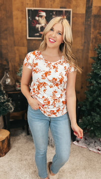 Addy Ribbed Floral Top | Orange & Cream