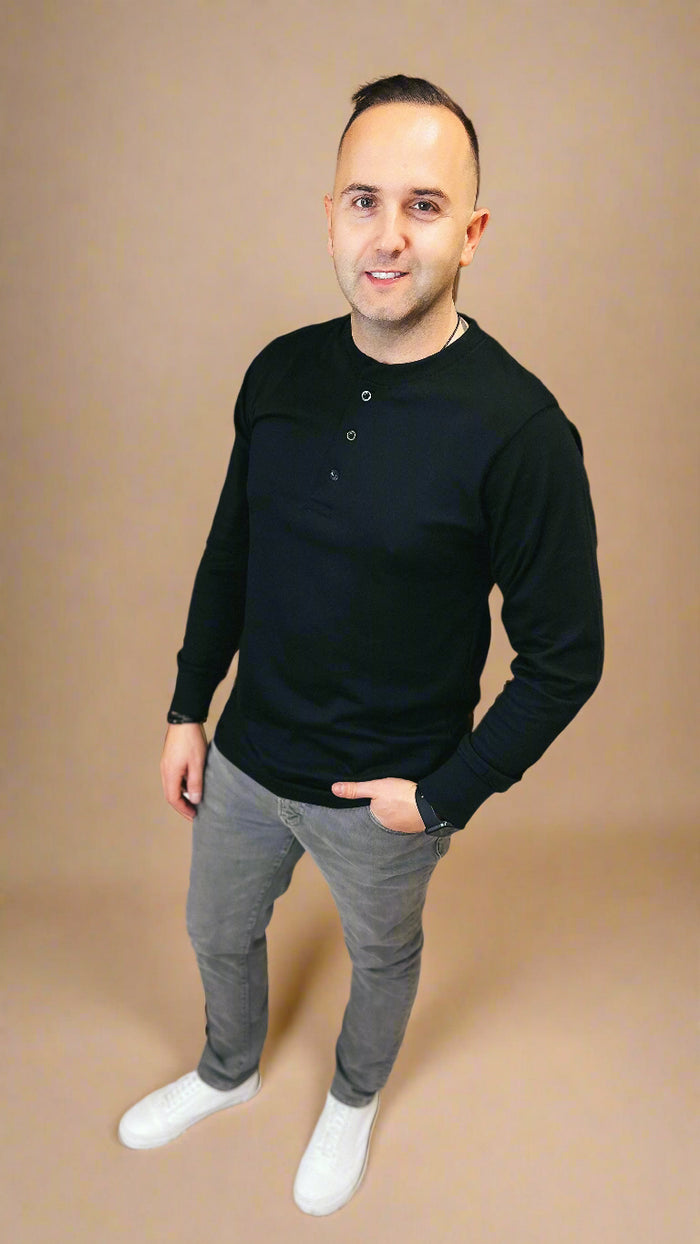 Michael Cotton Henley Long Sleeve: Black *SALE*