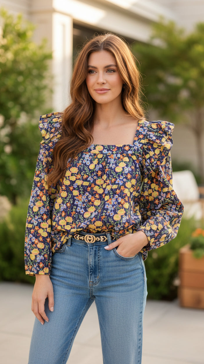 # 14 - Purple & Yellow Floral Long Sleeve | S | SAMPLE SALE