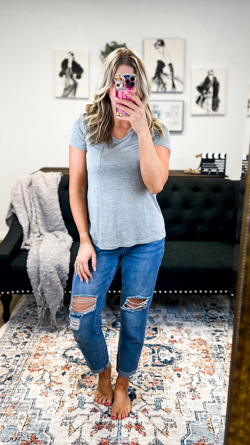 Laura Basic V-Neck Top: Grey
