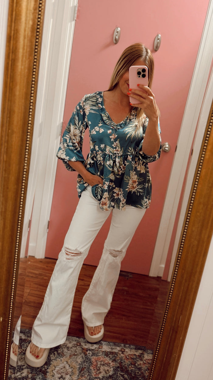# 6 - Blue Satin Floral Blouse | S | SAMPLE SALE