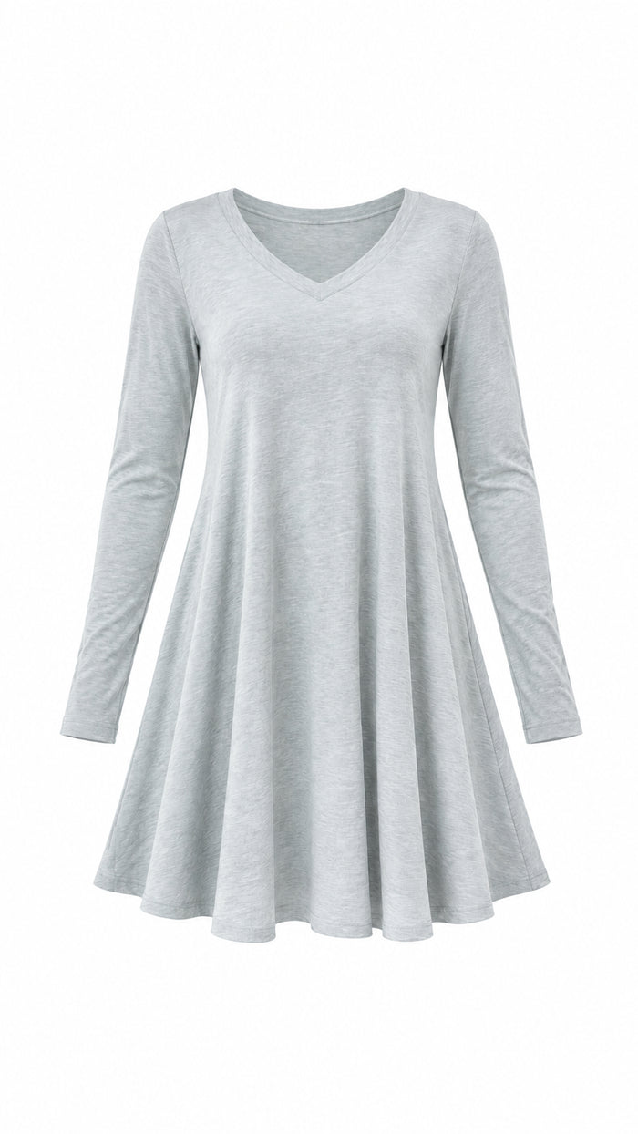 A light gray long-sleeve V-neck dress with a flared bottom