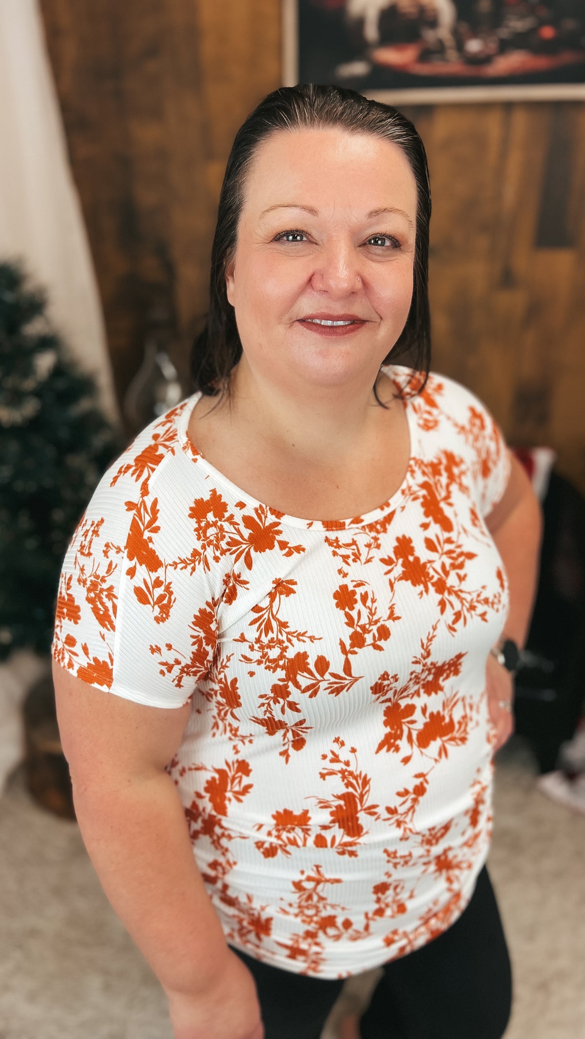 Addy Ribbed Floral Top | Orange & Cream