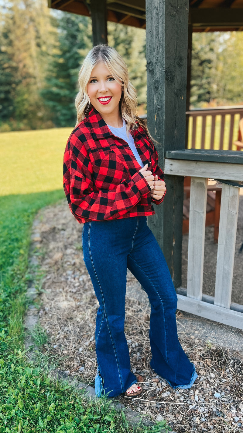 Nikita Crop Plaid Shacket | Red & Black